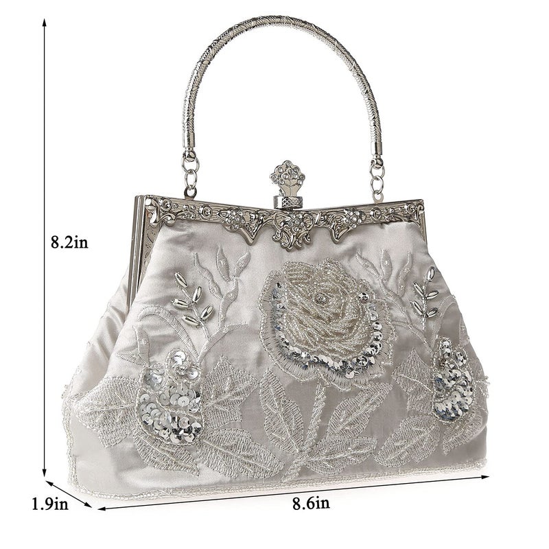 DA BODAN Womens Vintage Floral Beaded Rhinestone Embroidery Clutch Sequin Crossbody Bag Evening Handbag for Bridal Wedding Party Prom - Image 2